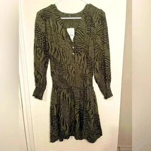 Rails Zana Mini Dress Olive Green Mixed Animal Print Womens Size Xsmall